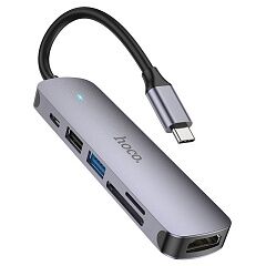 Хаб 6 в 1 Hoco HB28 USB 2.0, 1 USB 3.0, Type-C, Card Reader SD, Micro SD, HDMI серый